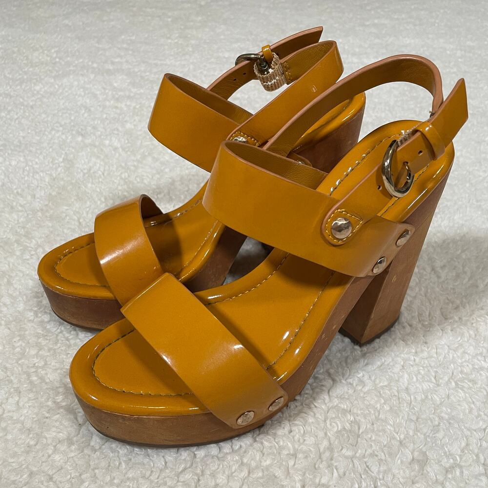 Joie Platform Sandal Heels Tan-Orange Patent Leather Wood Rivets Strappy 37 6.5‎ - Picture 2 of 10